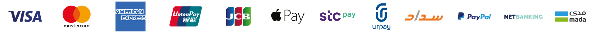 Accepted payment methods including Visa, Mastercard, American Express, UnionPay, JCB, Apple Pay, STC Pay, UrPay, SadadPay, PayPal, Net Banking, and Mada
